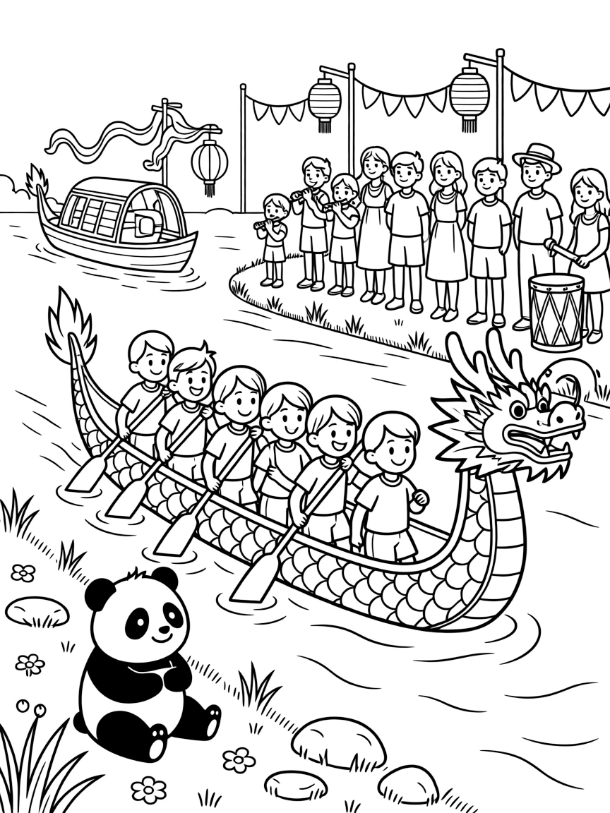 A long dragon-headed boat rowed by a team along a riverbank crowded with cheerful onlookers, alongside a chubby panda cub and musicians playing near the water's edge, with a decorated boat gliding past close by.