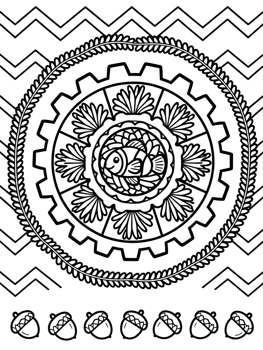 Ocean Creatures: The design turns a clownfish nestled among sea anemone fronds into a kaleidoscope-style composition anchored by a gear-wheel mandala with even notches around the rim. The imagery is arranged in a spinning ring of repeated segments, each one a slightly rotated twin of its neighbor. Decorative details fill the surrounding space, including curling fern-frond shapes, ribbons folded into gentle zigzags, and rows of arrow-shaped chevrons woven throughout the background. A playful extra touch completes the page: a handful of tiny acorns scattered near the bottom edge.