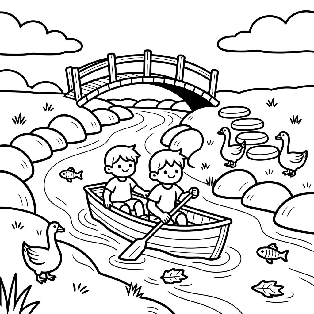 [River Adventures] Two children paddle a small wooden canoe past smooth boulders in a winding river. A family of geese waddles along the shore while minnows dart through the shallow water. A rustic wooden bridge arches over the river, with smooth stepping stones leading across a shallow bend. A gentle current carries fallen leaves downstream beneath a sky full of drifting clouds.