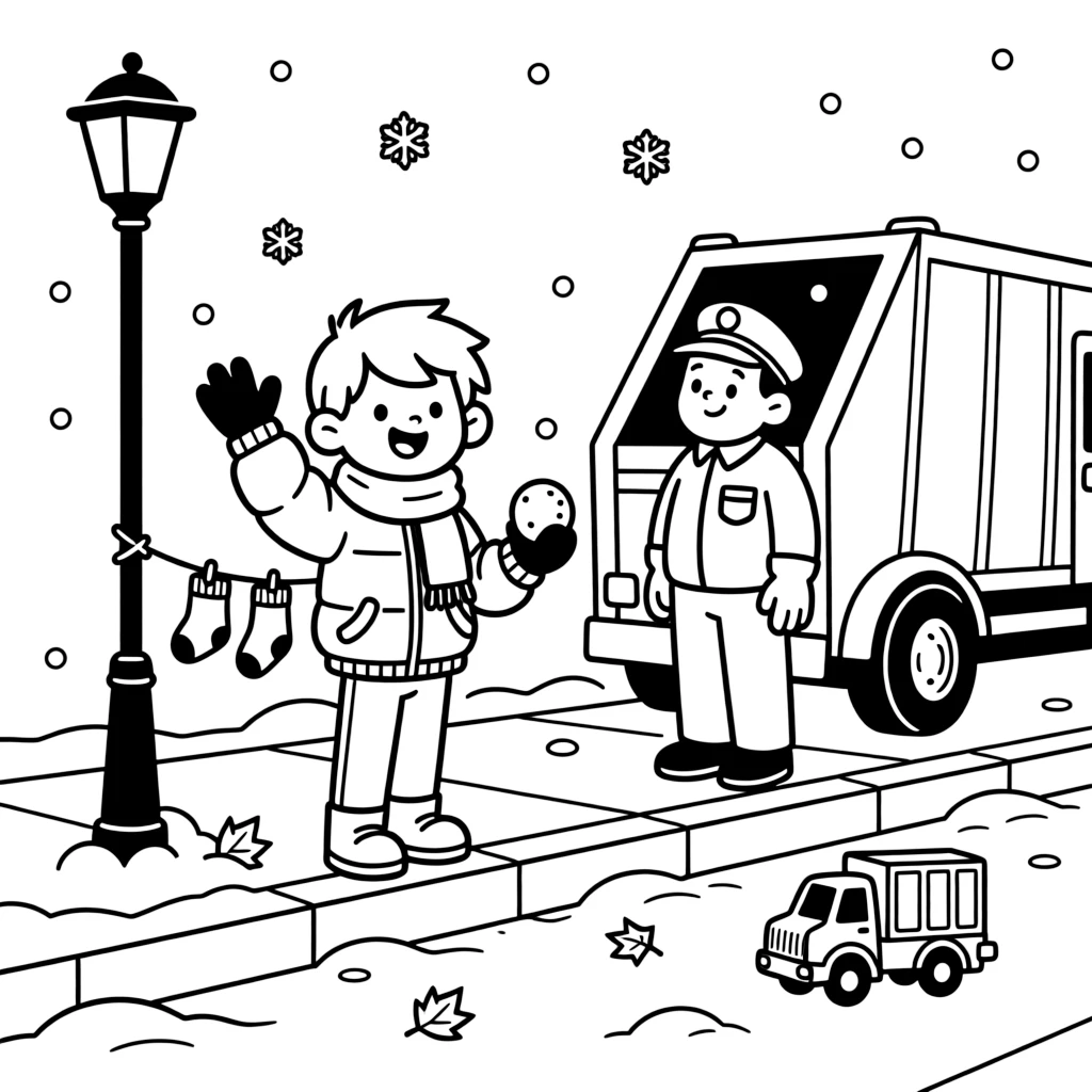 A talkative boy waving from the curb at a garbage collector while snowflakes fall softly.