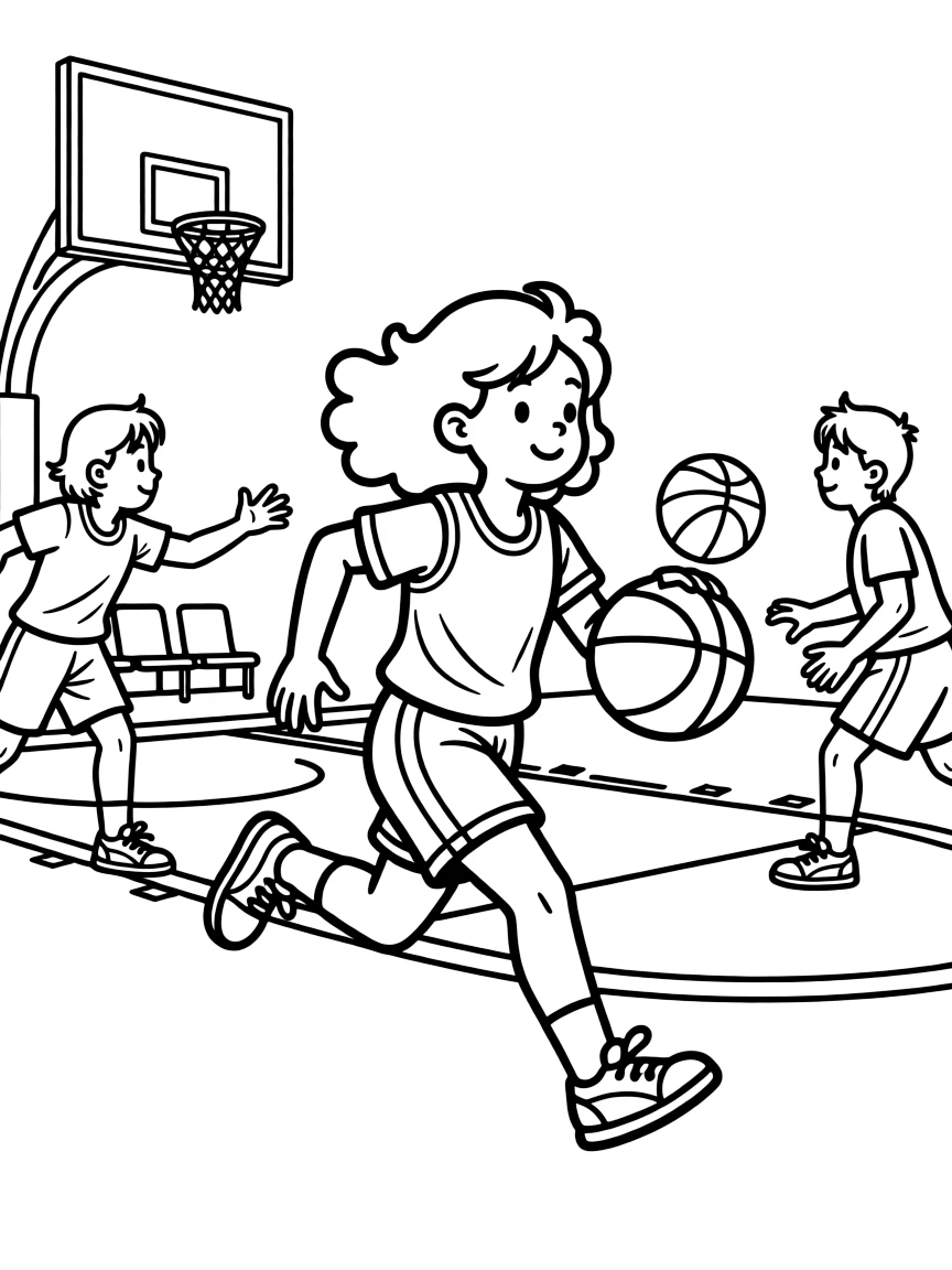 A little girl with curly hair, sprinting on a fast break with the ball, teammates spreading out to receive a pass.