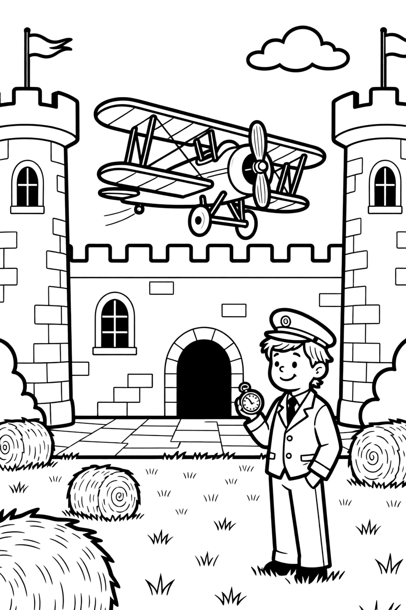 A vintage biplane with two stacked wings and a wooden propeller is shown journeying through an old stone castle courtyard with tall towers, with a cheerful conductor checking a pocket watch close by and hay bales dotted across the nearby field completing the lively scene.
