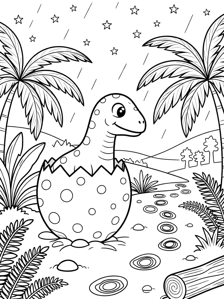[Dinosaurs] a gentle giant apatosaurus hatching from a large speckled egg in a lush prehistoric jungle, concentrating hard with a focused expression. Nearby, footprints trail off into the distance. Scattered rocks and fallen logs add texture to the ground. The scene is captured under a starry night sky, with a light drizzle just ending, giving the page a lively and adventurous feel that invites plenty of colorful detail. Render dark regions, such as the night sky, using contour lines only, without any solid fills or shading.