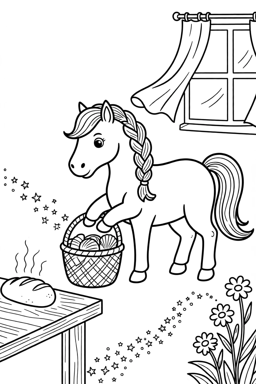 A pony with a flowing braided mane is gathering seashells into a woven basket in a cozy kitchen filled with the smell of fresh bread. Close by, a trail of glittering fairy dust and wildflowers swaying gently in the wind give the moment a cozy feel.