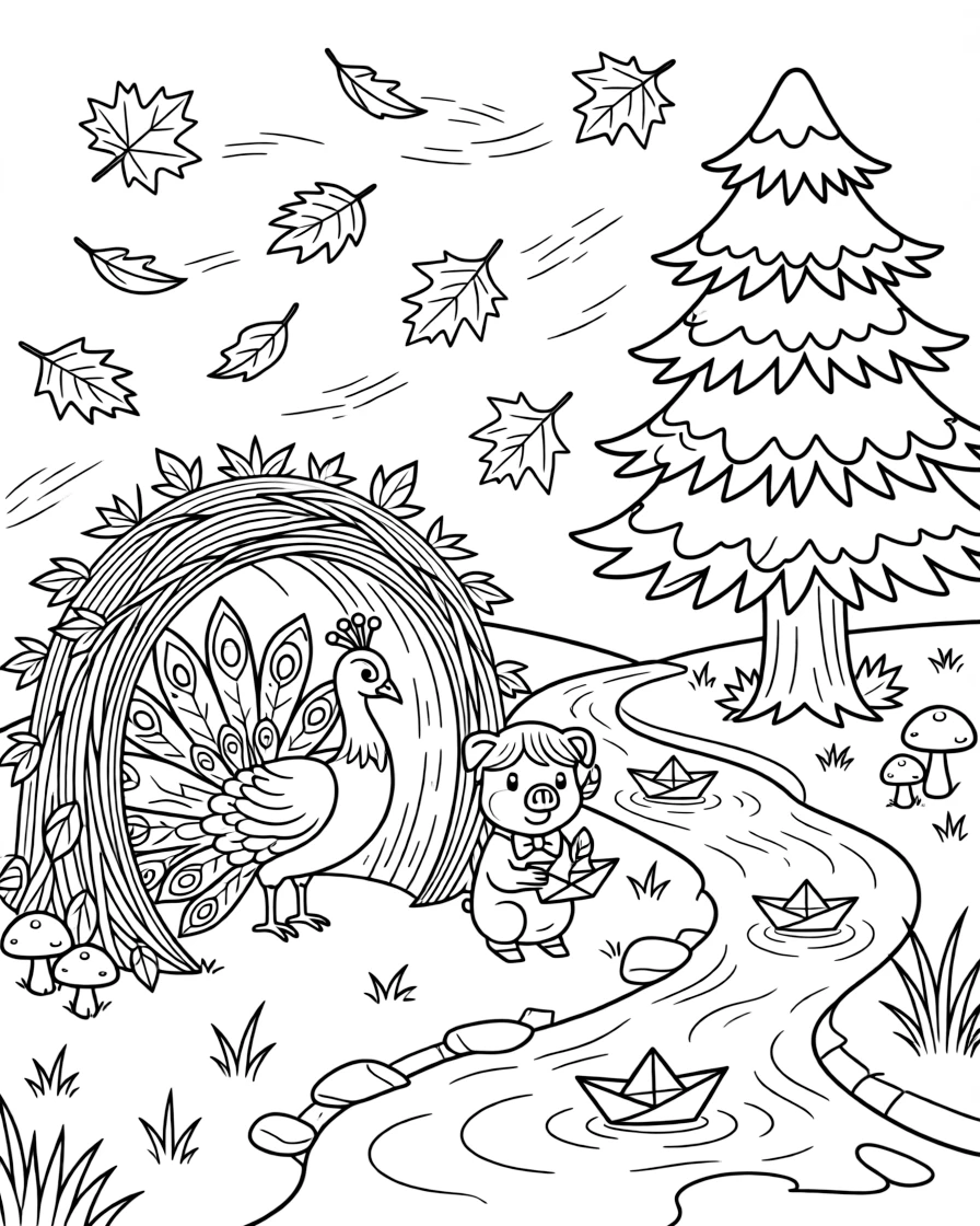 A peacock in a cozy burrow, floating paper boats down a stream with a piglet, next to a snow-covered pine tree, as autumn leaves swirl in the wind.