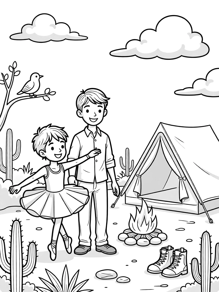 A preteen boy dancing ballet together with an older sibling home from college at a desert campsite while fluffy clouds drift by.