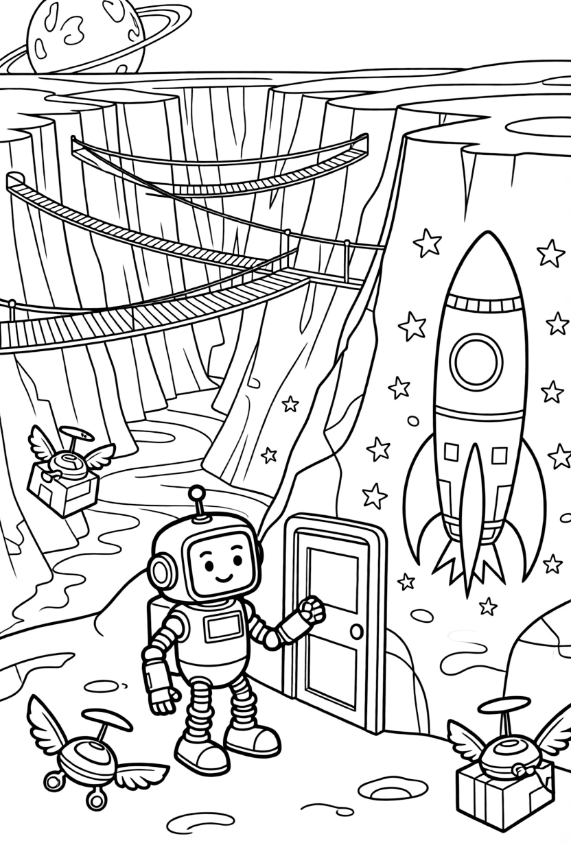 Zappy, a robot with spring-loaded feet discovering a hidden door inside an ancient asteroid near a canyon planet crisscrossed with ziplines and rope bridges, surrounded by a mural of a rocket ship painted on a nearby wall and tiny drones buzzing around delivering packages.