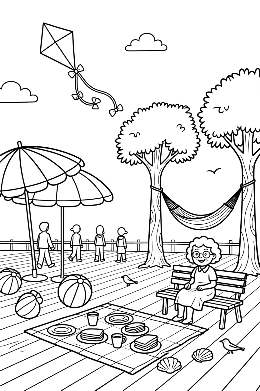 A family enjoying one last summer picnic at a bustling boardwalk with striped umbrellas, alongside a cheerful grandmother and a kite soaring high overhead, with a hammock strung between two trees close by.