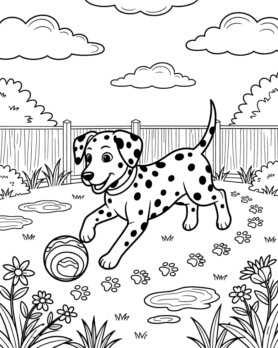 [Pets] A dynamic scene shows a spotted dalmatian puppy chasing a bouncing ball in a fenced garden, smiling proudly. Close by, paw prints trail across the floor. Soft fur textures invite plenty of coloring detail. The moment unfolds just after a rainstorm, with fluffy clouds drifting overhead, filled with energetic detail perfect for a young colorist.