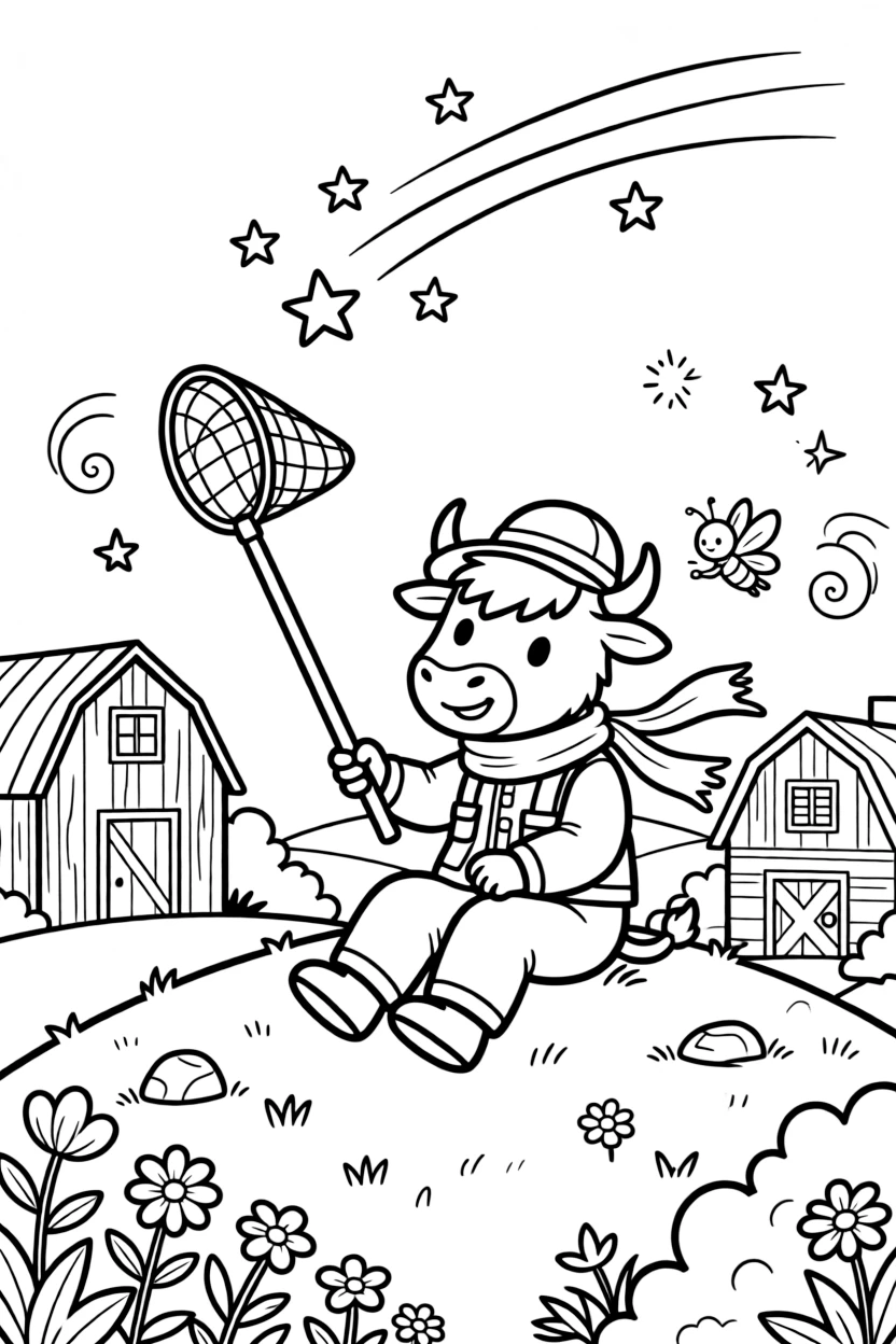 A wiggly yak mountain guide takes a break from adventures to try fishing for shooting stars with a butterfly net on a farm with rainbow-striped barns, with a tiny firefly friend lighting the way close behind. Little cheers of excitement fill the air.