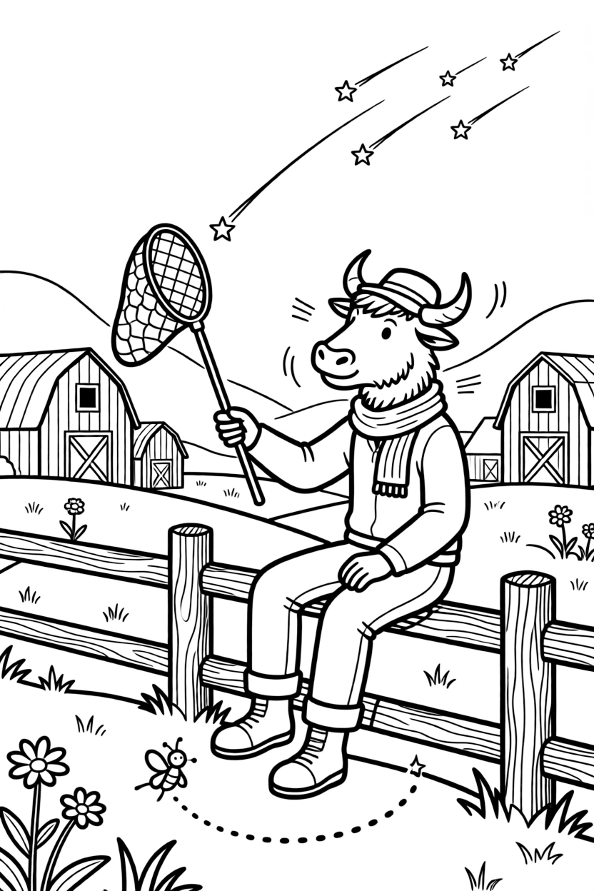 A wiggly yak mountain guide takes a break from adventures to try fishing for shooting stars with a butterfly net on a farm with rainbow-striped barns, with a tiny firefly friend lighting the way close behind. Little cheers of excitement fill the air.