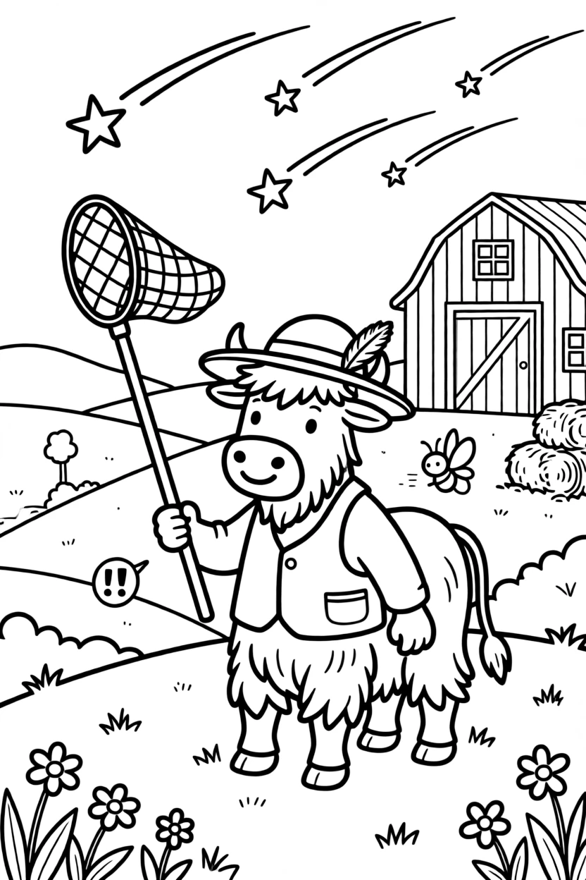 A wiggly yak mountain guide takes a break from adventures to try fishing for shooting stars with a butterfly net on a farm with rainbow-striped barns, with a tiny firefly friend lighting the way close behind. Little cheers of excitement fill the air.