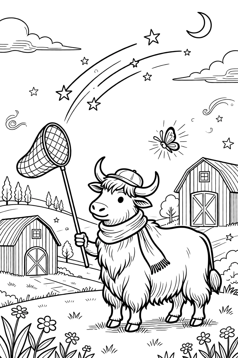 A wiggly yak mountain guide takes a break from adventures to try fishing for shooting stars with a butterfly net on a farm with rainbow-striped barns, with a tiny firefly friend lighting the way close behind. Little cheers of excitement fill the air.