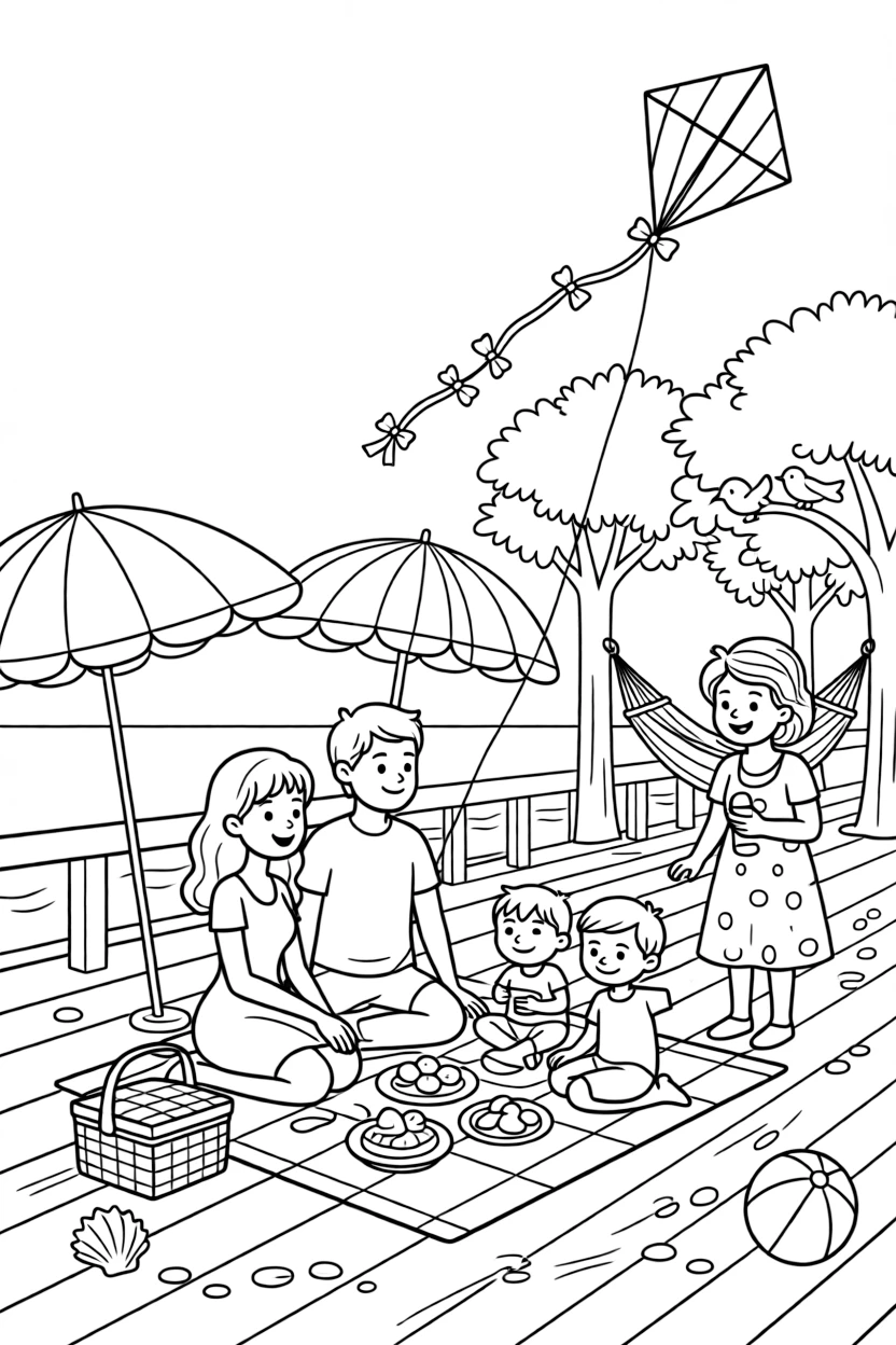 A family enjoying one last summer picnic at a bustling boardwalk with striped umbrellas, alongside a cheerful grandmother and a kite soaring high overhead, with a hammock strung between two trees close by.