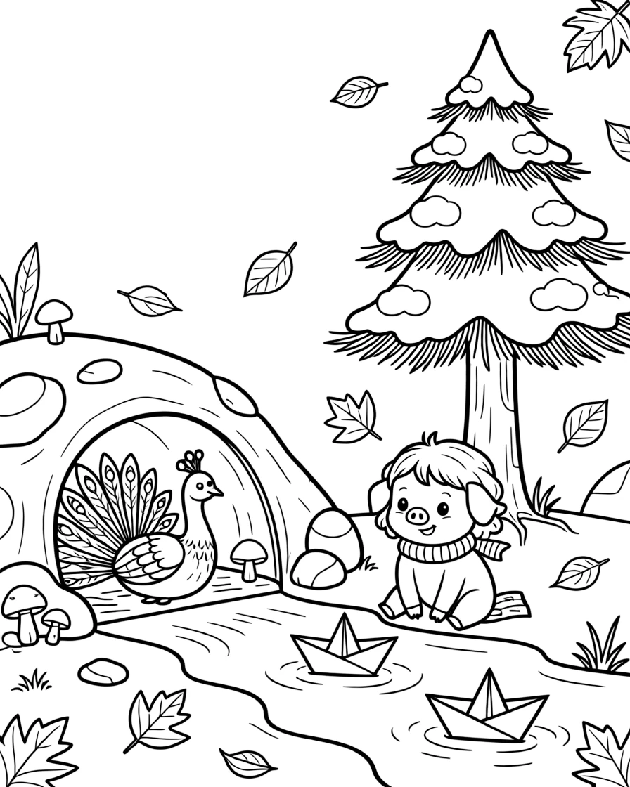 A peacock in a cozy burrow, floating paper boats down a stream with a piglet, next to a snow-covered pine tree, as autumn leaves swirl in the wind.