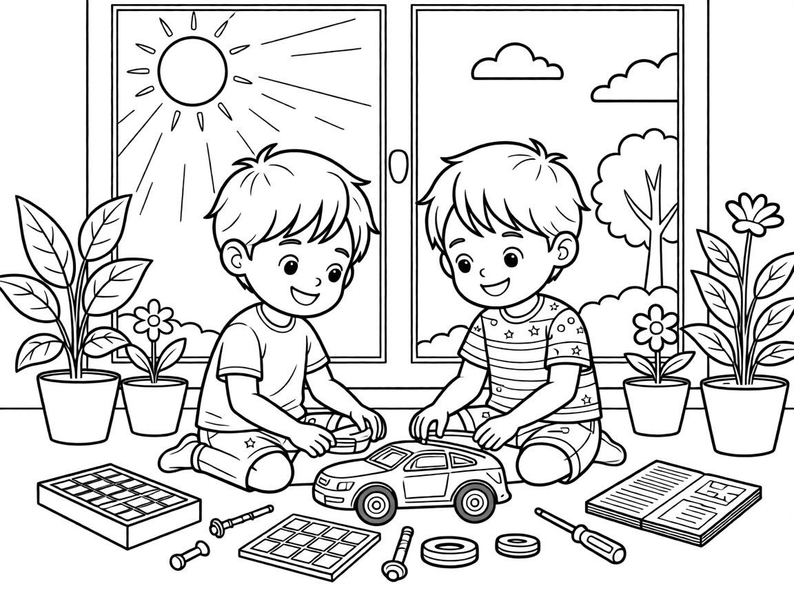 bright-eyed twin brothers assemble a solar-powered toy car kit on a sunny windowsill.