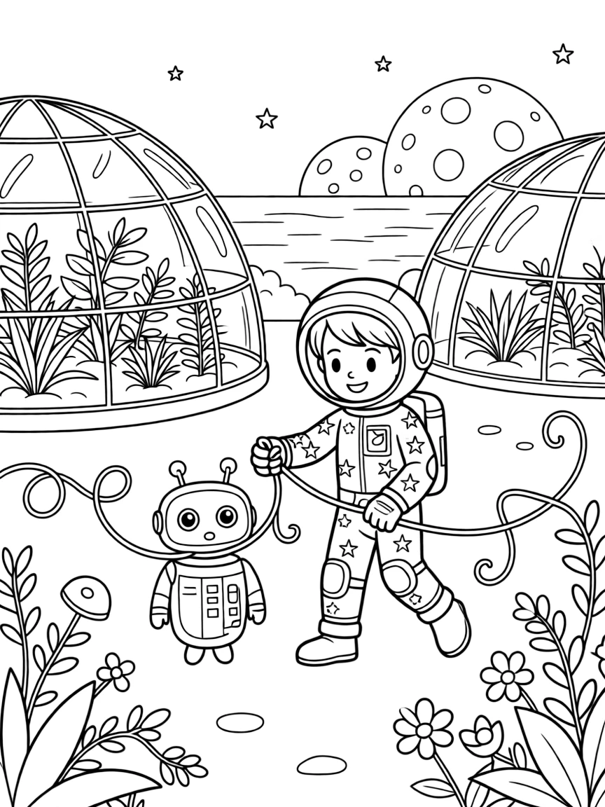 In a moon colony with glass domes and low-gravity gardens, Cadet Dash, a young space explorer in a starry spacesuit untangling a knot of vines that trapped a robot explorer, while a pair of moons rising over the horizon adds to the excitement.