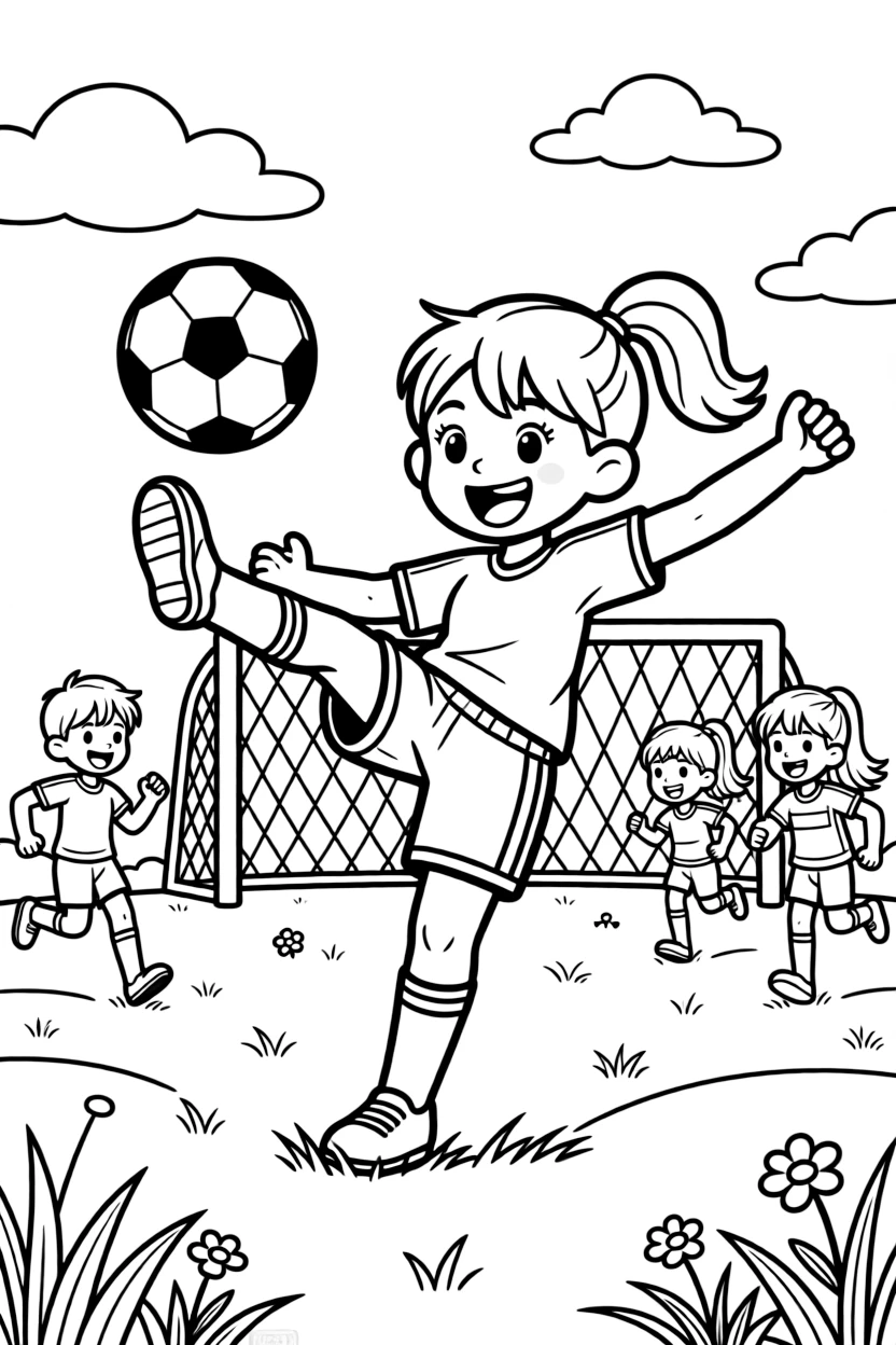 An energetic girl with a big smile, kicking the ball high downfield as teammates race to chase it.