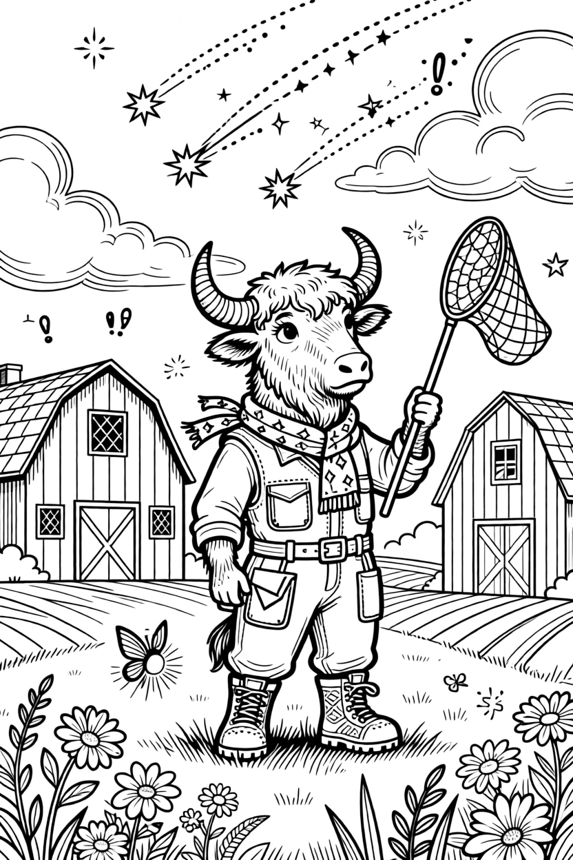 A wiggly yak mountain guide takes a break from adventures to try fishing for shooting stars with a butterfly net on a farm with rainbow-striped barns, with a tiny firefly friend lighting the way close behind. Little cheers of excitement fill the air.