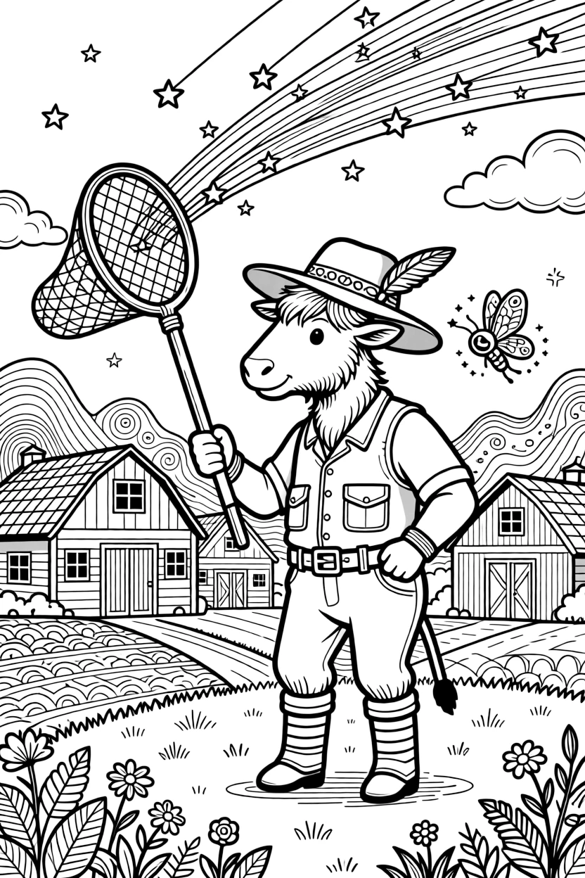 A wiggly yak mountain guide takes a break from adventures to try fishing for shooting stars with a butterfly net on a farm with rainbow-striped barns, with a tiny firefly friend lighting the way close behind. Little cheers of excitement fill the air.