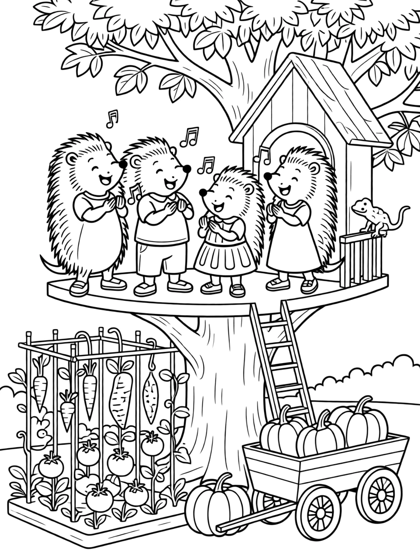 A family of hedgehogs singing a cheerful tune with a gecko in a treehouse among the branches, near a vegetable garden, with a wagon full of freshly picked pumpkins.