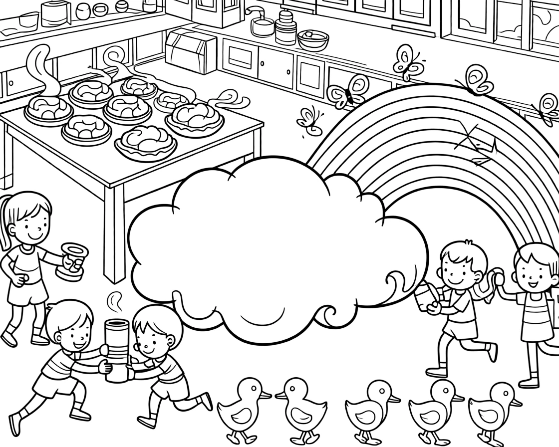 In a cozy kitchen filled with steaming pies, a snuggly cloud with a sleepy smile is busy training for a big race with a team of tiny helpers, cheered on by a rainbow of butterflies fluttering by and a family of ducklings waddling in a neat line. It's a perfectly wonderful, magical moment.
