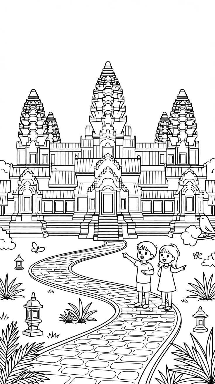 A coloring page set in Cambodia, showing the towering stone spires of Angkor Wat at sunrise, with a winding path leading toward it and a couple of curious children pointing excitedly.