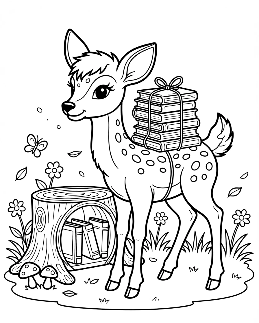 a determined a spotted fawn carries a stack of tiny books tied with vine string to a hollow-log library.