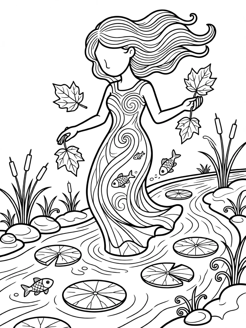 A river spirit made of flowing water and lily pads gently carries fallen leaves downstream, fish swimming through her translucent form.