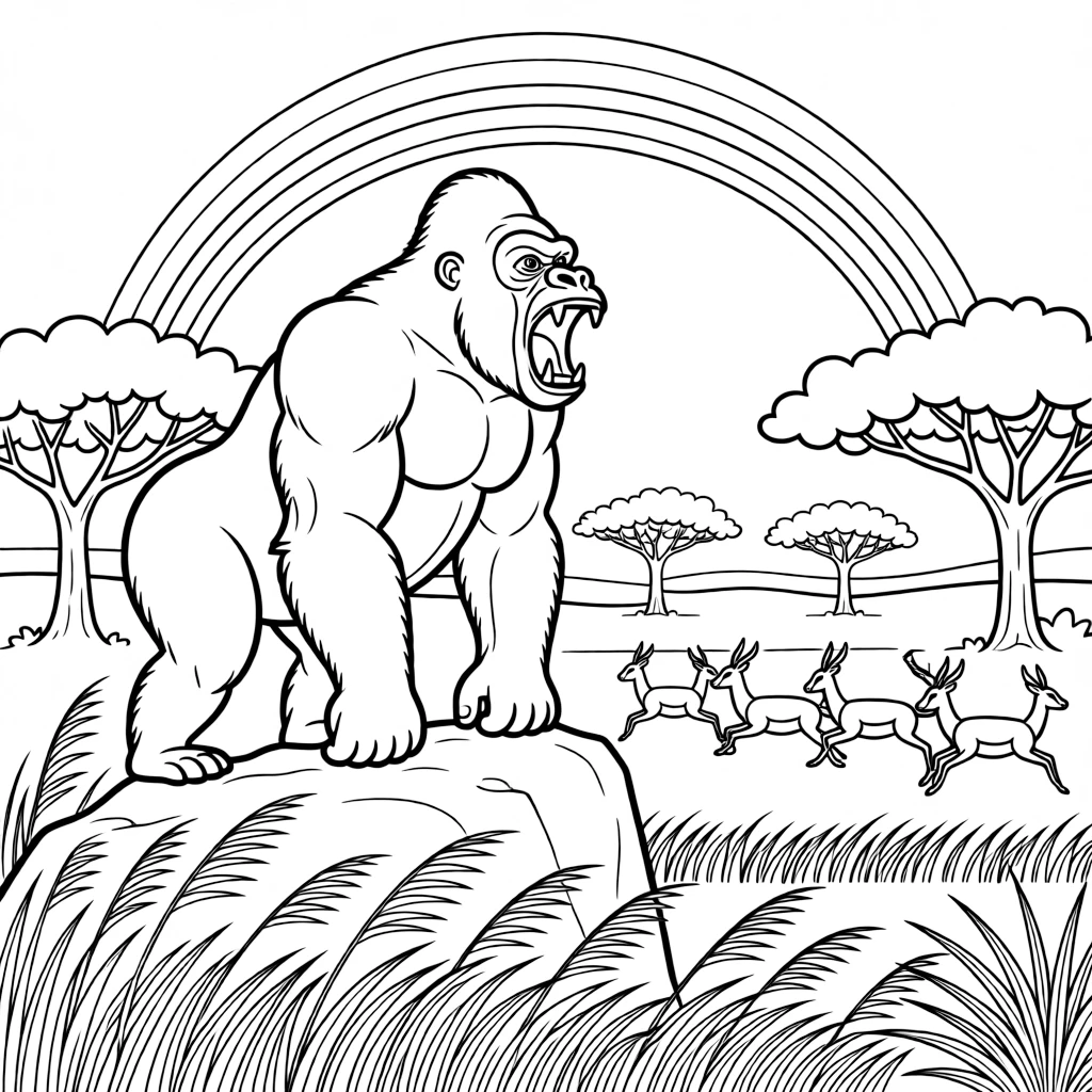 [Wild Animals] a mighty gorilla roaring atop a rocky outcrop among tall grasses under a wide sky. In the background, a herd of gazelles bounds across the plain, adding extra fun to explore. Acacia trees dot the wide open landscape. It all happens in the late afternoon, with a rainbow arching overhead.