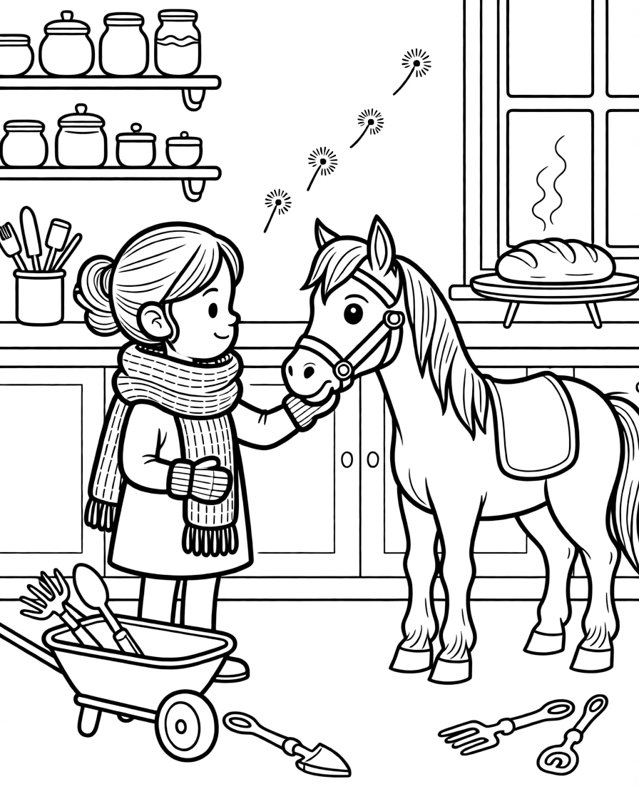 A girl bundled in a cozy scarf and mittens is petting a friendly pony's soft nose in a cozy kitchen filled with the smell of fresh bread. Scattered nearby, a wheelbarrow filled with garden tools and floating dandelion seeds catching the light add a sprinkle of wonder to the moment.