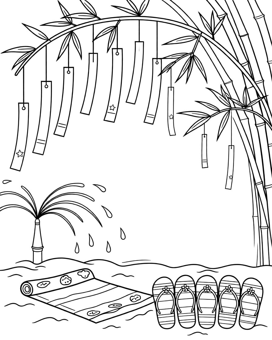 A close-up of bamboo branches hung with colorful wish strips in a backyard with a colorful sprinkler running, surrounded by a beach towel spread on the sand and a row of colorful flip-flops.