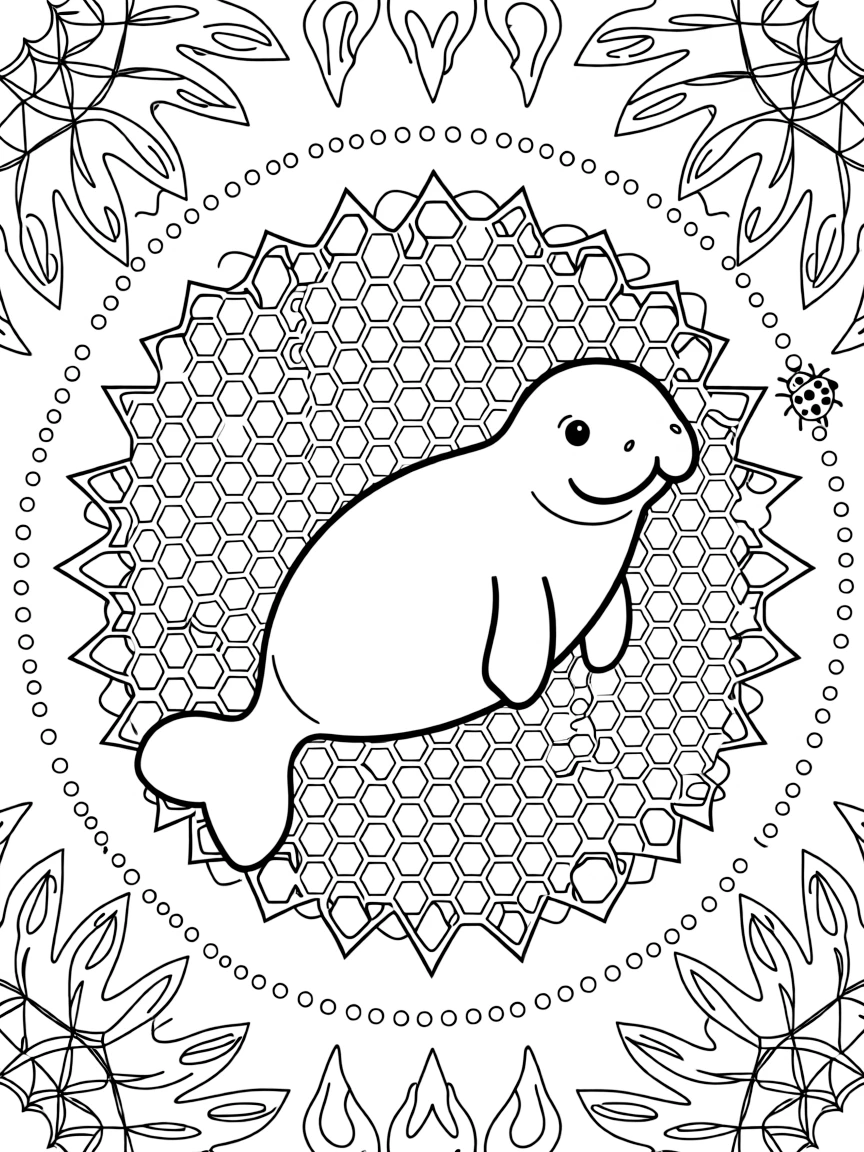 Ocean Creatures: The main subject is a manatee floating peacefully with flippers spread, drawn as the focal point of a honeycomb mandala tiled from small hexagon cells. It is positioned in the middle of the page so the design radiates outward evenly in every direction. Decorative details fill the surrounding space, including a trail of evenly spaced dots, flame-shaped tips curling upward, and nested triangle shapes woven throughout the background. A playful extra touch completes the page: a tiny ladybug tucked among the details, easy to spot once found.