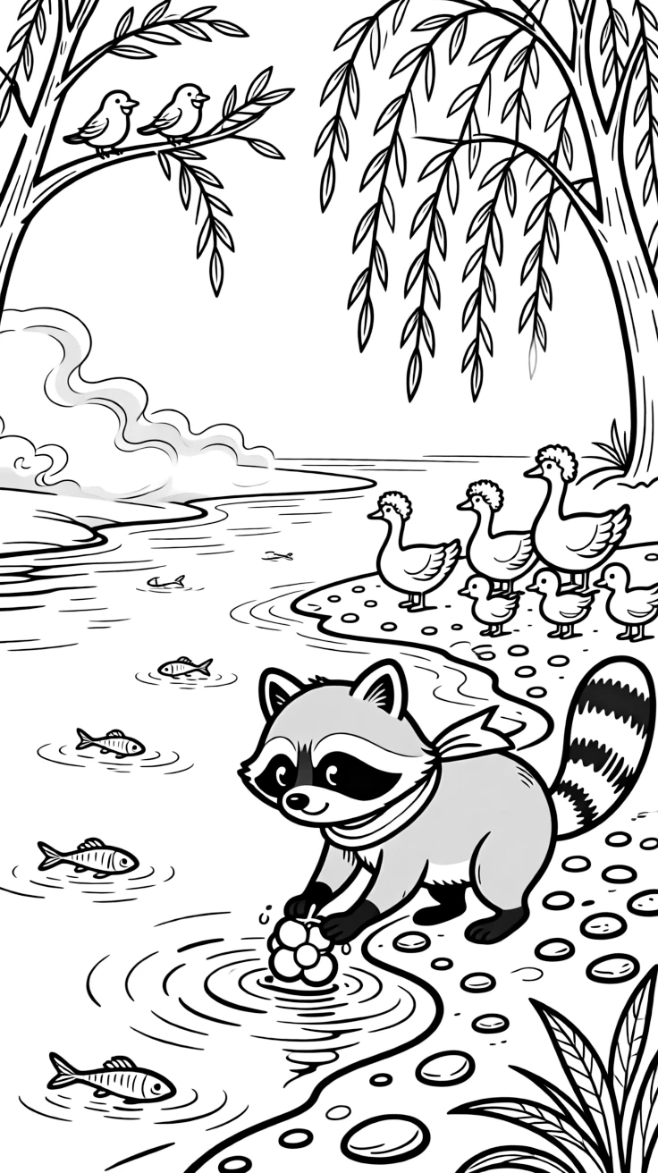 [River Adventures] A curious raccoon washes a shiny berry at the river's edge before scampering back to shore. A family of geese waddles along the shore while minnows dart through the shallow water. Willow trees dip their branches into the water beside a sandy bank scattered with pebbles. Soft morning mist rises off the river as the first birds begin to sing.