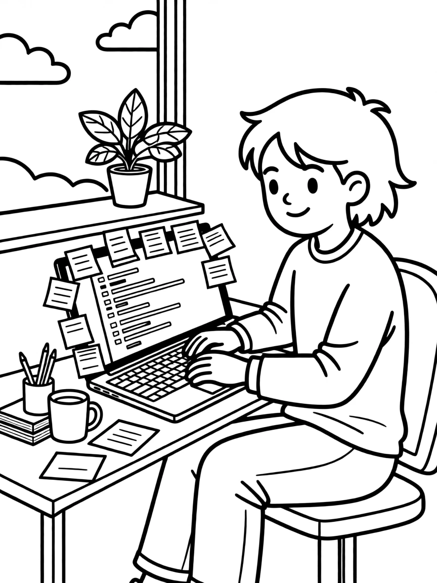 A software developer types code on a laptop covered in colorful sticky notes at a desk.