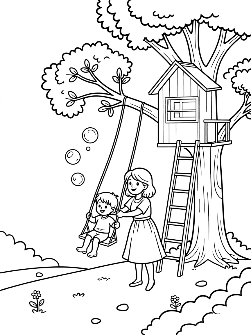 A curious toddler sitting in a swing being pushed gently with an aunt in a treehouse as soap bubbles float upward.