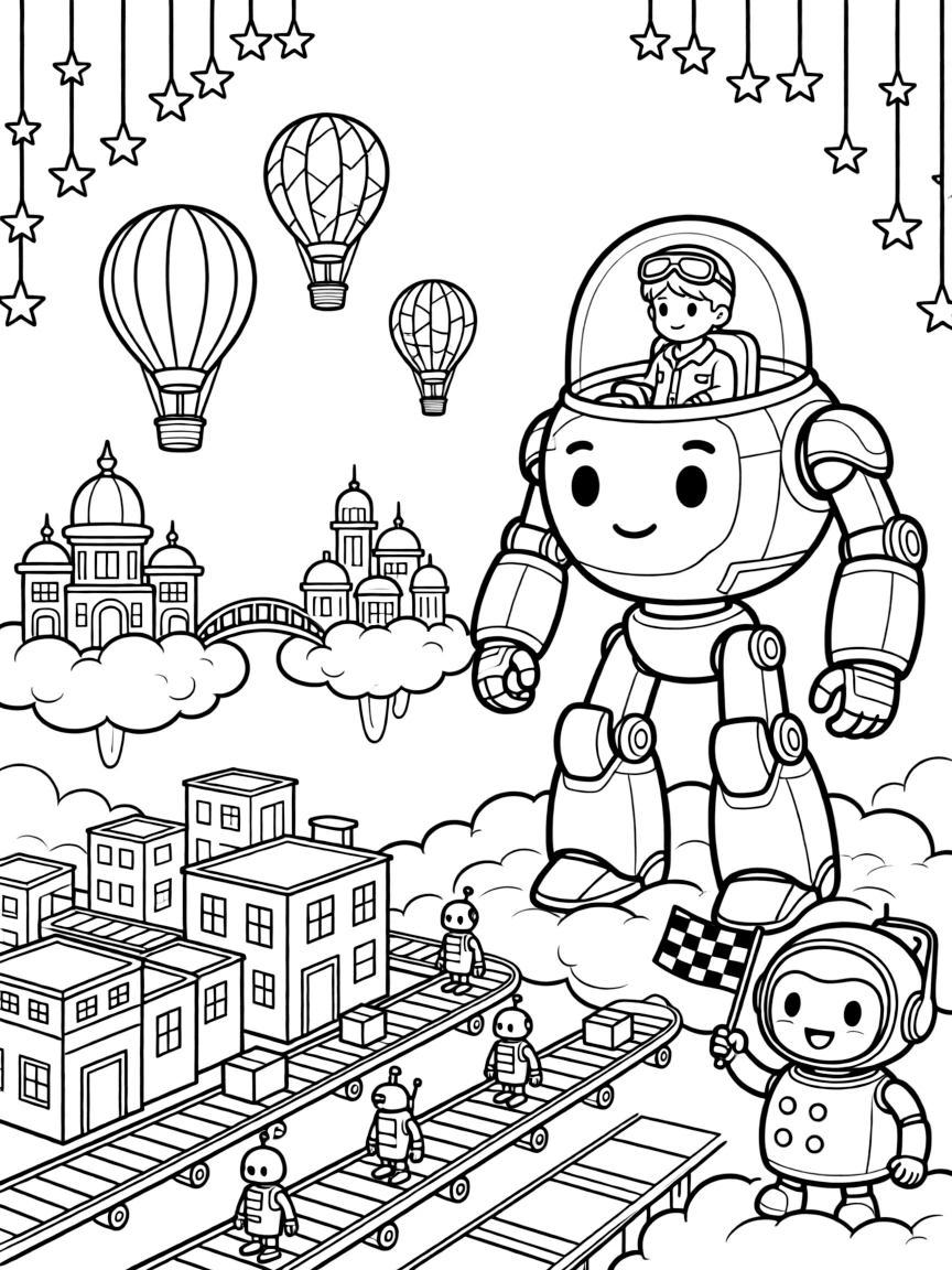 Young pilot Cosmo riding inside the friendly giant mech Guardian Prime guiding a hot-air balloon race between floating cloud cities near a bustling robot city with conveyor-belt streets, surrounded by a wind chime made of tiny metal stars and a friendly robot waving a checkered flag.