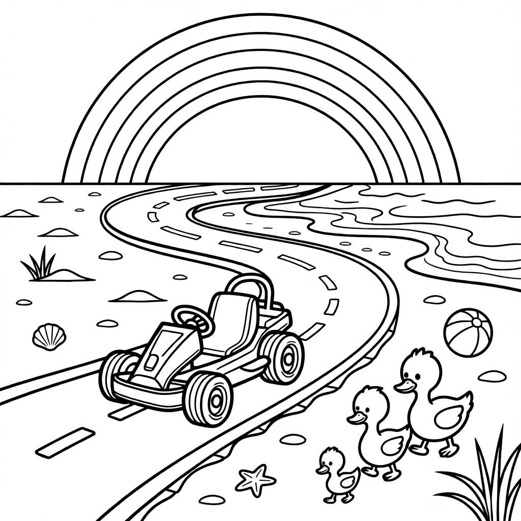 The scene captures a two-seat go-kart zooming around a curvy track in the middle of a sunny sandy beach where waves roll onto the shore, with a family of ducks waddling alongside nearby and a rainbow arching across the sky sprinkled around for extra fun.
