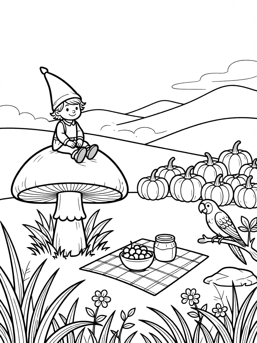 A mushroom-riding gnome pet in a field of tall grass, sharing a picnic of berries and honey with a parrot, next to a pumpkin patch, while morning fog rolls over the hills.
