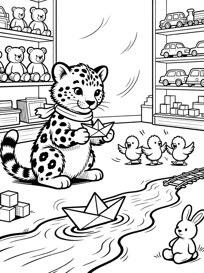 A sturdy snow leopard cub takes a break from adventures to try sailing a paper boat down a rain-puddle river in a toy store after the lights go out, with a trio of giggling baby chicks close behind. A gentle breeze carries the sound of joyful laughter.