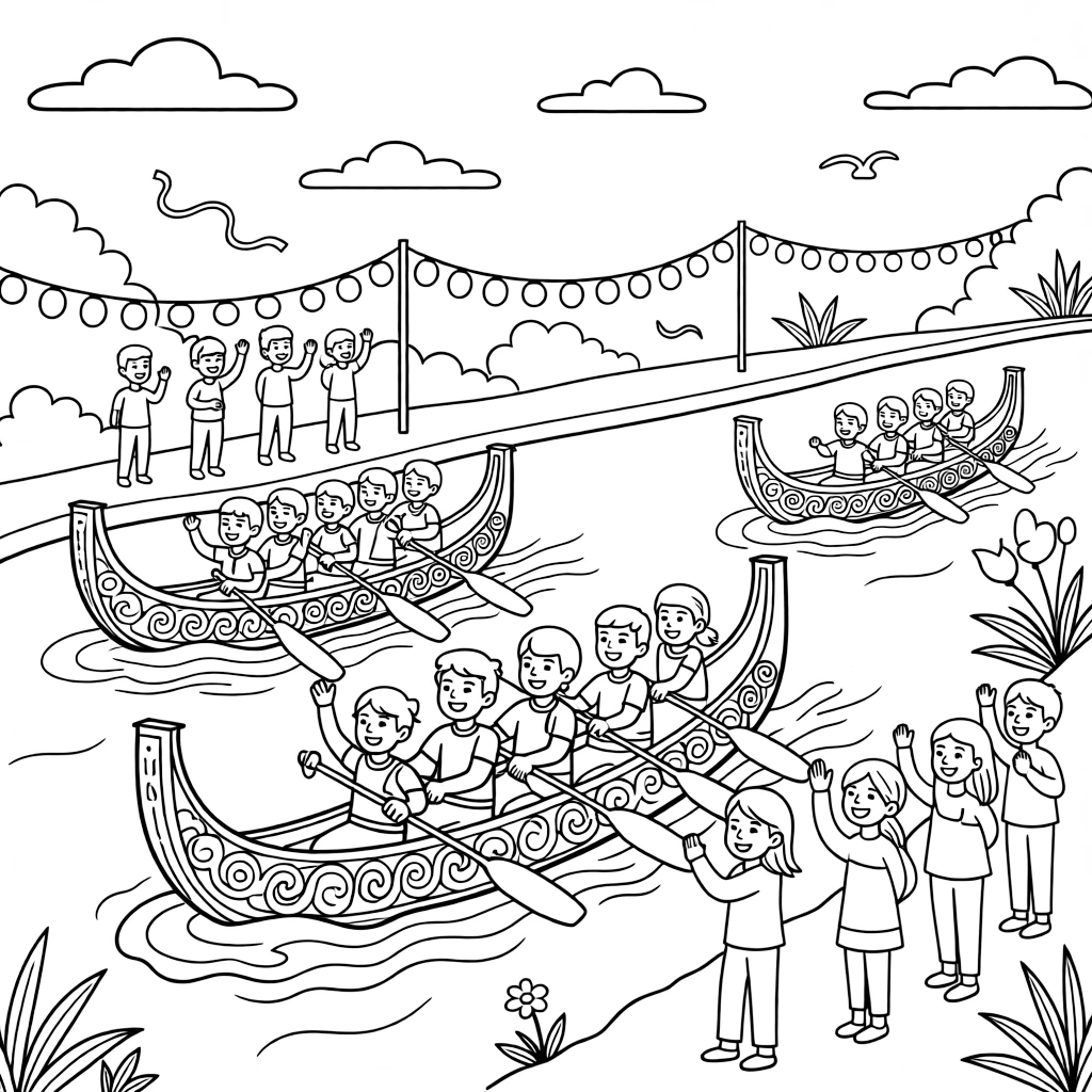 A coloring page bursting with festival energy from Cambodia, depicting the Bon Om Touk water festival with long decorated boats racing on a river, with balloons, streamers, and happy onlookers filling the scene.