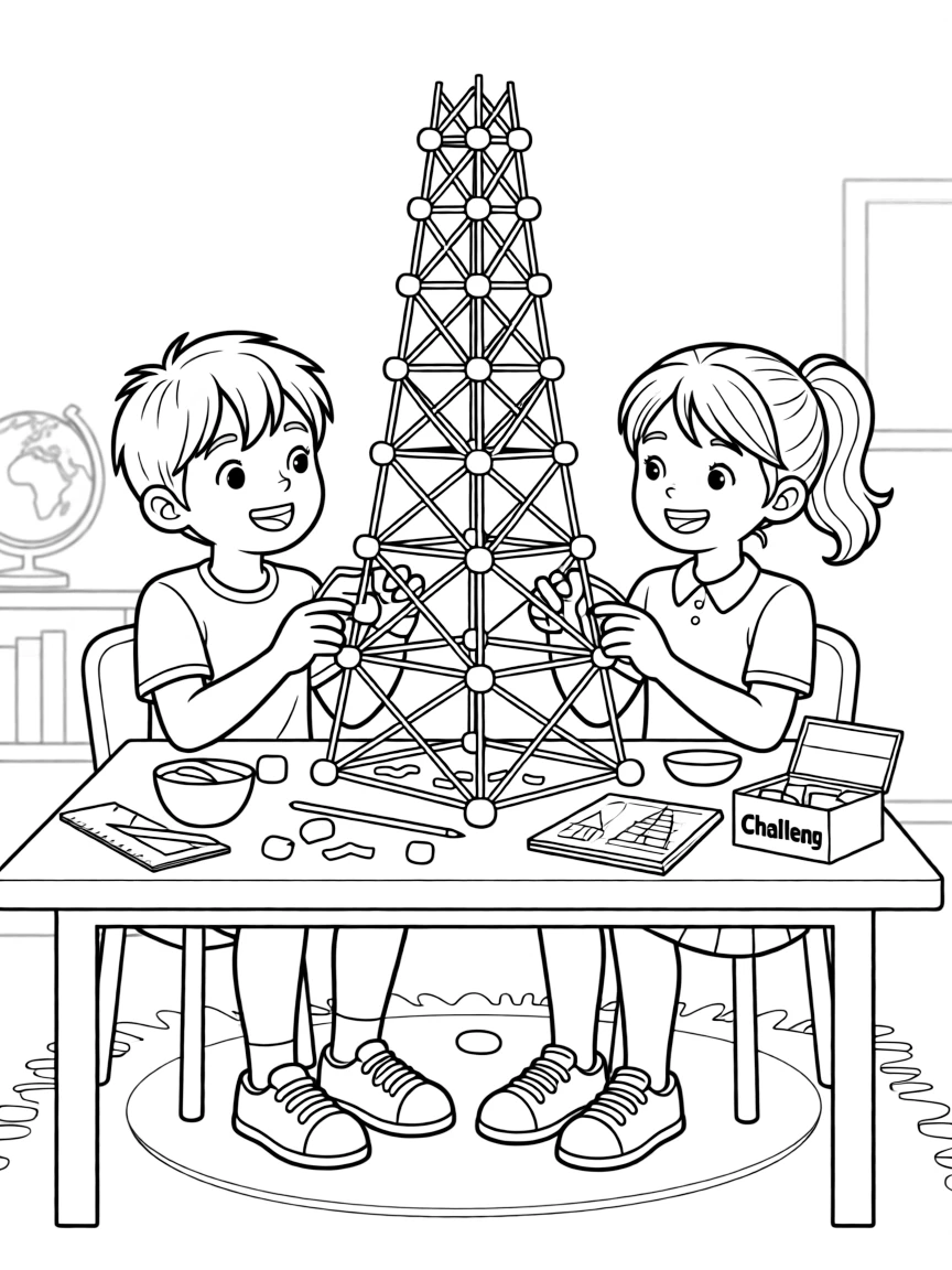 a thoughtful pair of best friends builds a tall tower out of spaghetti and marshmallows for an engineering challenge.