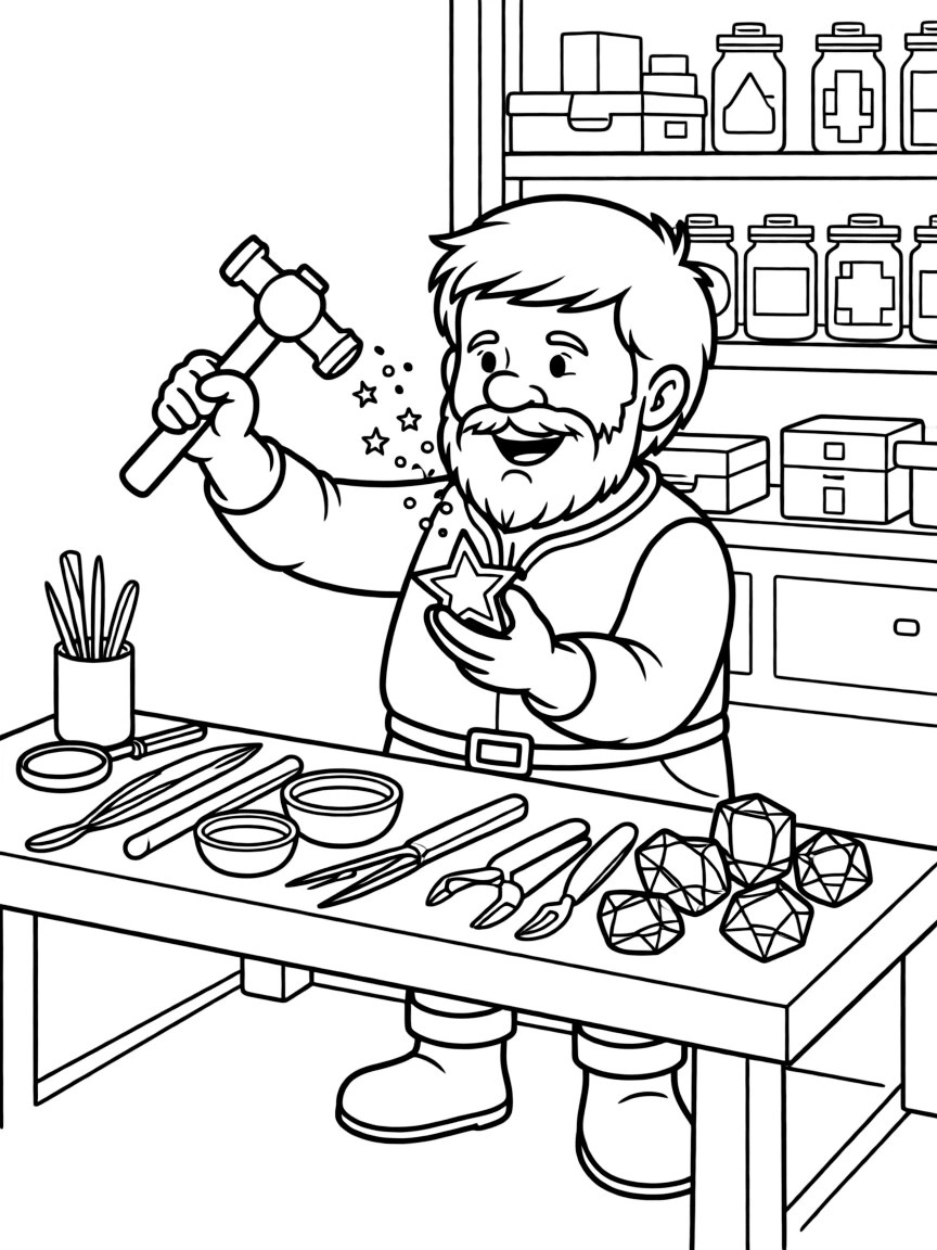 A dwarf jeweler carves a glowing gem into the shape of a star, tiny magical sparks jumping from his hammer with each careful strike.