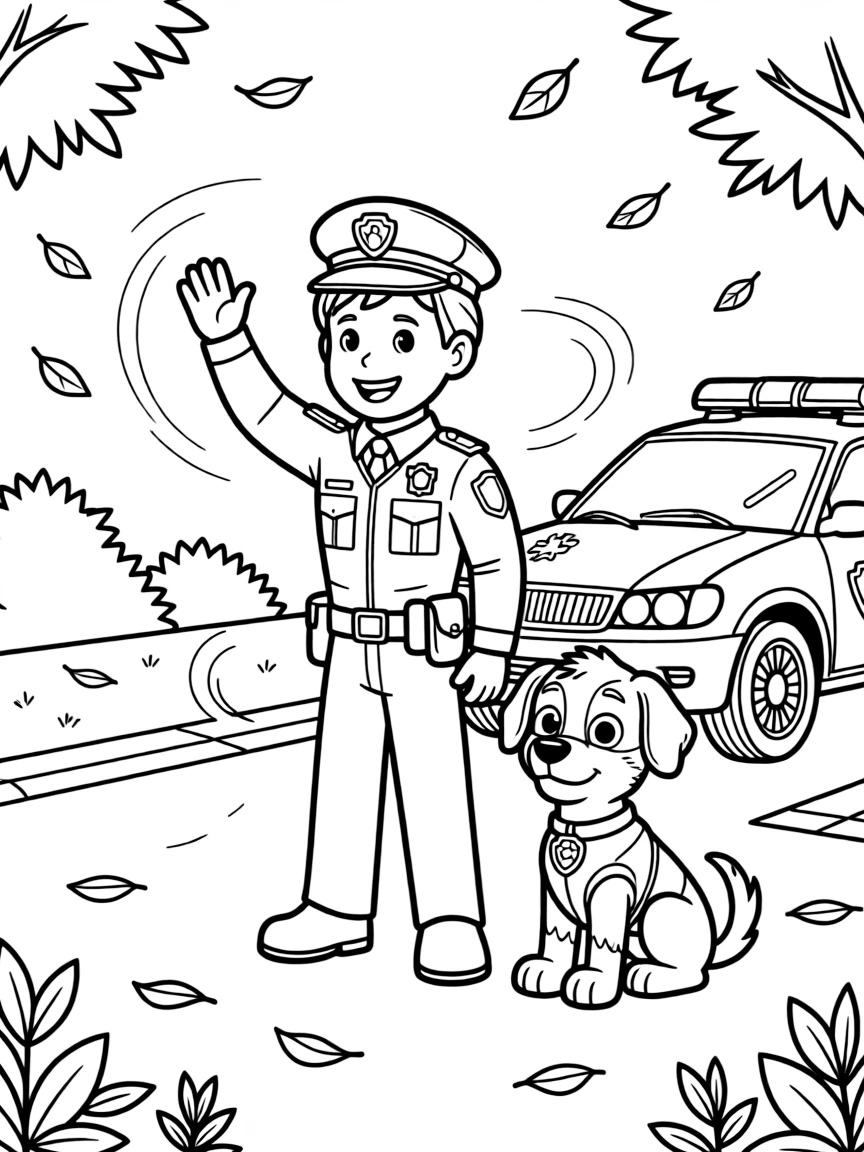 [Police Officers] a K9 police officer with a loyal dog waving traffic through an intersection near a patrol car, grinning with excitement, while a loyal police dog sits at attention fills the surrounding area. A friendly smile completes the scene. Set on a crisp autumn afternoon, with dust kicked up by the wind, the page bursts with adventure and imagination.