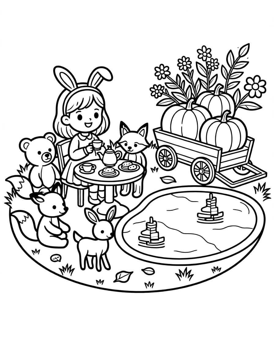 A girl wearing bunny ears for a spring festival is having a tea party with a circle of stuffed animal friends beside a frozen pond used for ice skating. Scattered nearby, a wagon piled high with pumpkins and wildflowers swaying gently in the wind give the moment a cozy feel.