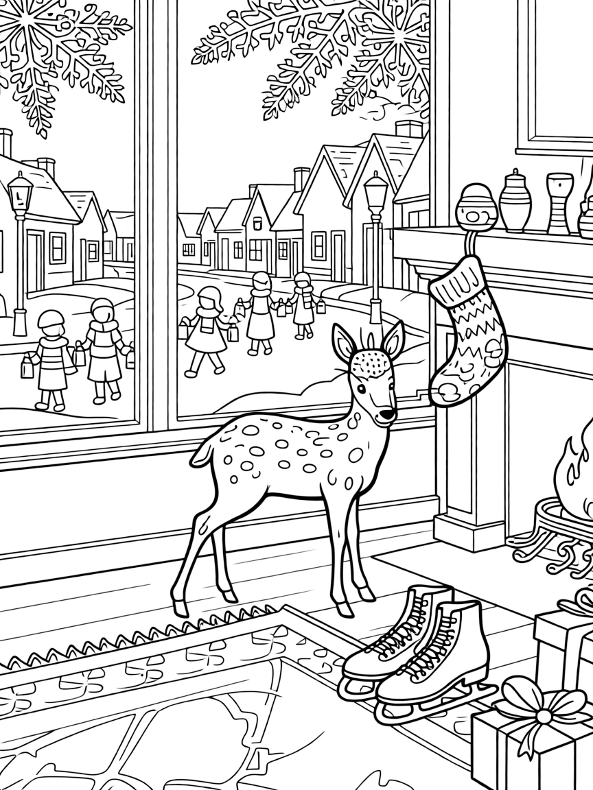 A wide view in a warmly lit living room with frost on the windows, featuring a candlelit procession through a quiet town, a spotted fawn, and a knitted stocking hung with care, with a pair of ice skates nearby.