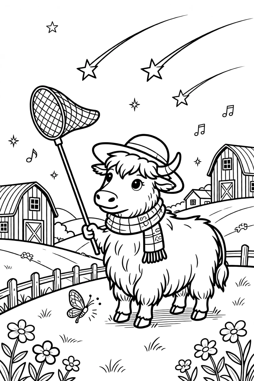 A wiggly yak mountain guide takes a break from adventures to try fishing for shooting stars with a butterfly net on a farm with rainbow-striped barns, with a tiny firefly friend lighting the way close behind. Little cheers of excitement fill the air.