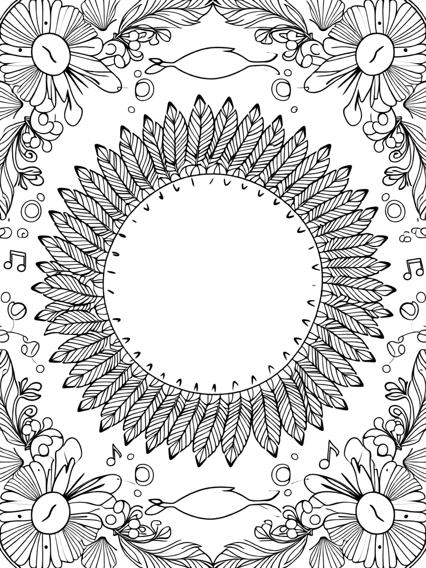 Ocean Creatures: The page centers on a repeating motif of a manatee floating peacefully with flippers spread, built around a feather-ring mandala with plumes fanning outward. The motif is repeated in a corner-to-corner border that circles the entire page, leaving a round open area in the middle. Decorative details fill the surrounding space, including clusters of round bubbles, twisting berry-vine garlands, and overlapping scalloped shells woven throughout the background. A playful extra touch completes the page: a few tiny musical notes drifting near one corner of the page.