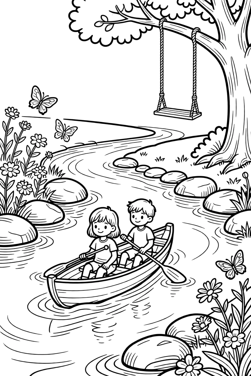 [River Adventures] Two children paddle a small wooden canoe past smooth boulders in a winding river. Butterflies flutter along the bank where wildflowers grow between smooth river stones. A rope swing hangs from an old tree over a wide, calm bend in the river. Warm summer light dances on the ripples as the current gently winds around smooth stones.