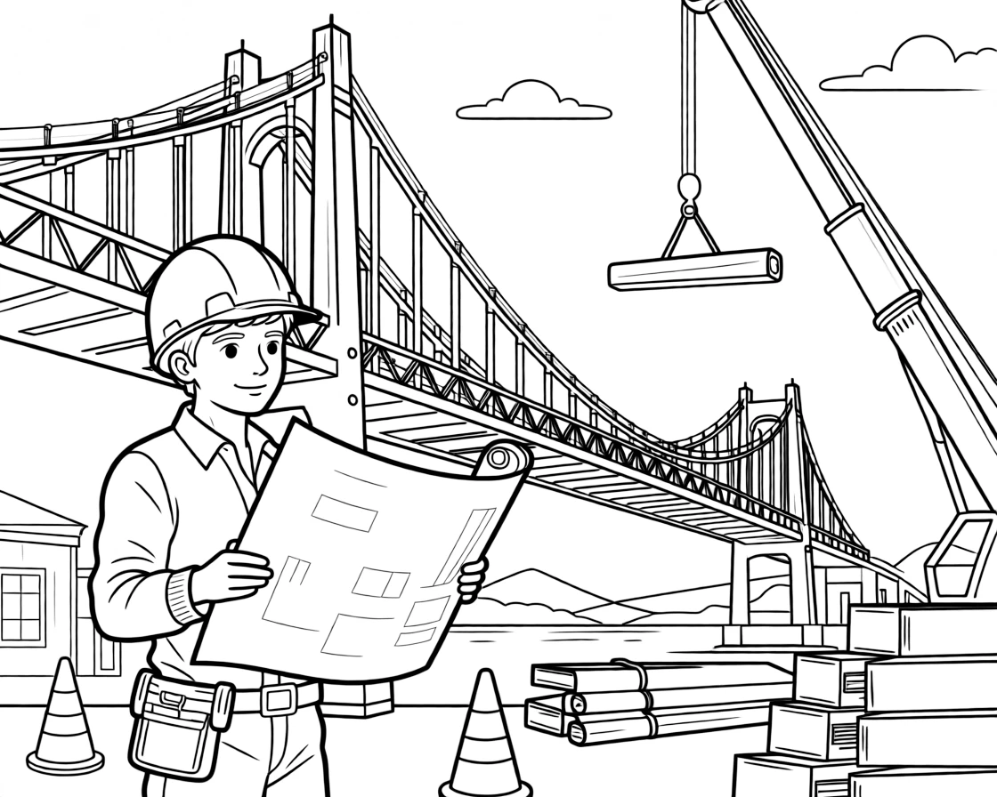 A civil engineer reviews blueprints for a tall bridge at a construction site.